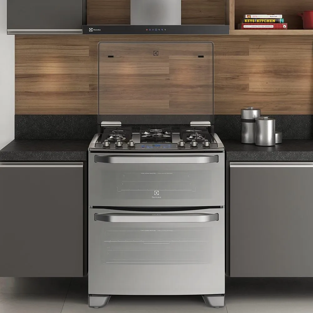 Fogão 5 Bocas Electrolux Prata com Mesa de Vidro e Forno Duplo (76DXW)