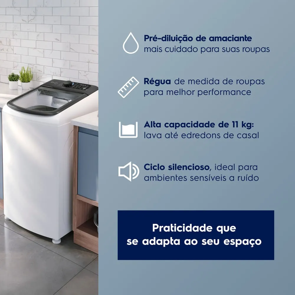 Máquina de Lavar Electrolux Efficient 11kg Branca Compacta, Econômica e Pré-diluição (LET11)